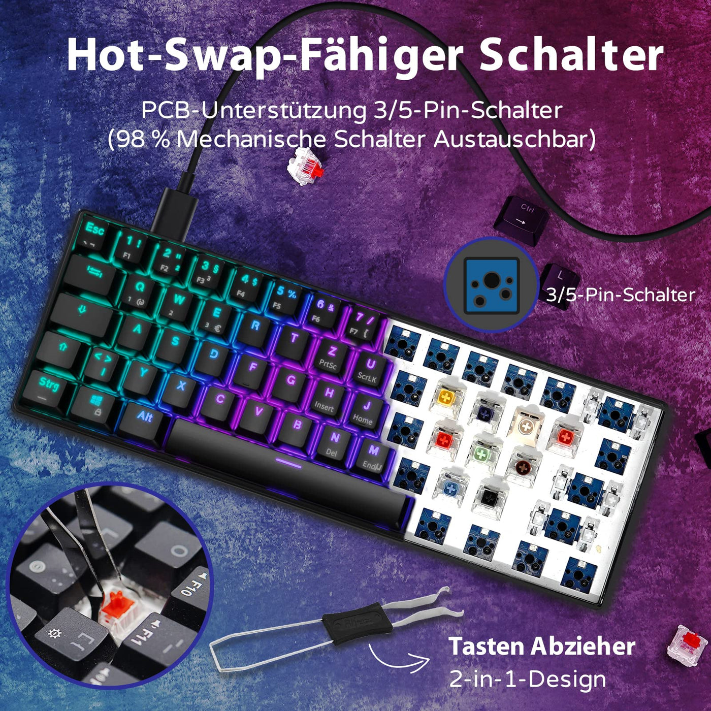 RK61 RGB Gaming-Tastatur, 2,4 GHz Wireless/Bluetooth/Wired 60% Mechanische Tastatur 61 Tasten, Hot-Swap-fähiger Roter Schalter mit RGB-Beleuchtung, Kompatibel für Win/Mac, Schwarz (QWERTZ)