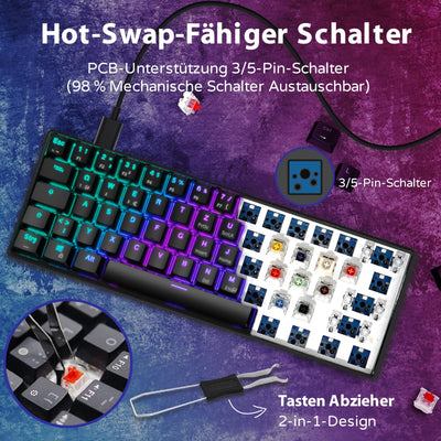 RK61 RGB Gaming-Tastatur, 2,4 GHz Wireless/Bluetooth/Wired 60% Mechanische Tastatur 61 Tasten, Hot-Swap-fähiger Brauner Schalter mit RGB-Beleuchtung Kompatibel für Win/Mac, Schwarz (QWERTZ)