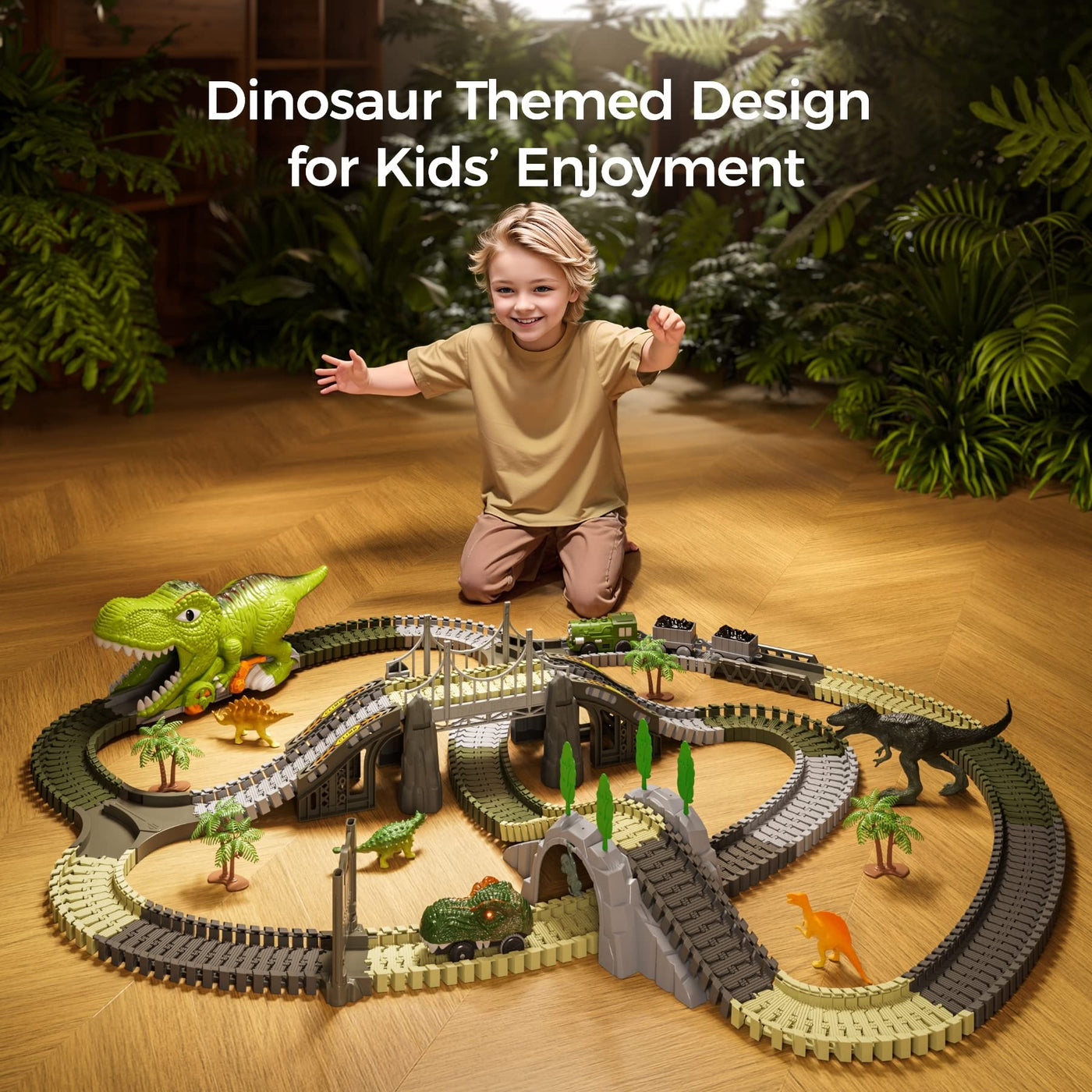 TUMAMA KIDS Dinosaurier Spielzeug Rennstrecke,281 Stück Dinosaurier Zug Spielzeug für Kinder 3 4 5 6,Flexible Eisenbahnschienen mit 4 Dinosauriern,2 Elektrische Rennwagen mit Lichtern