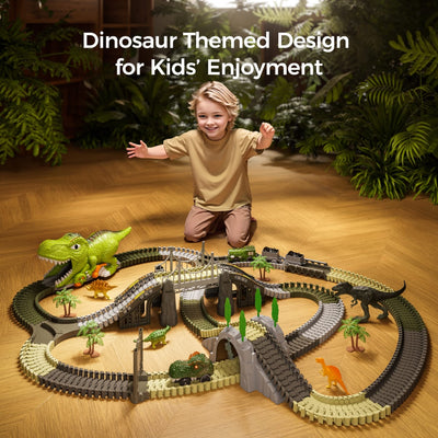 TUMAMA KIDS Dinosaurier Spielzeug Rennstrecke,281 Stück Dinosaurier Zug Spielzeug für Kinder 3 4 5 6,Flexible Eisenbahnschienen mit 4 Dinosauriern,2 Elektrische Rennwagen mit Lichtern