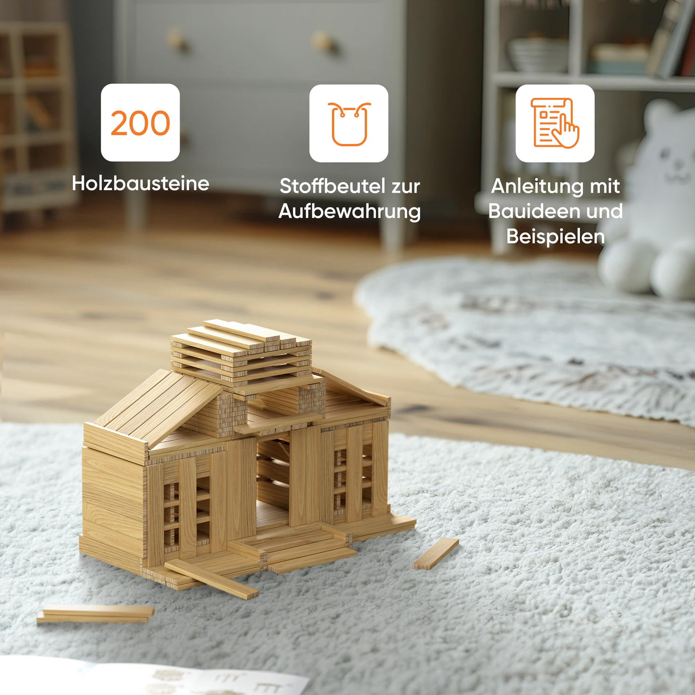 ROXPLE Holzbausteine Natur 200 Stück, Montessori Spielzeug für Kinder ab 3 Jahren, Klötzchen zum Basteln, ideales Konstruktionsspielzeug mit Bausteine Holz, Holzklötze im Baumwollbeutel