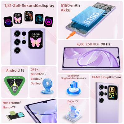 OUKITEL C62 Android 15 Smartphone Ohne Vertrag - 6.88" HD+ Handy mit Rückseitigem Display 16GB RAM+128GB ROM/1TB, 5000mAh Handy Günstig, Dual SIM Simlockfreie Handys/Face ID/GPS/OTG - Violett