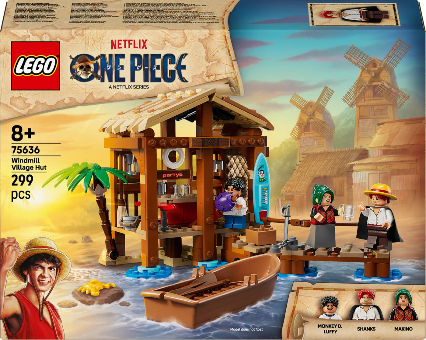LEGO ONE Piece Windmühlendorf-Hütte - Spielzeug mit Boot, Jungen Ruffy, Shanks & Makino Minifiguren sowie Zubehör - inkl. Steckbrief - Anime-Geschenk für Jungen, Mädchen & Fans ab 8 Jahren - 75636