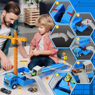 Charmofun LKW Kran mit Doppelter Auswurfschiene, Baustellenfahrzeuge Kinder Spielzeugset – Bagger, Bulldozer, Straßenwalze, Gabelstapler, Drehbarem Kran – Konstruktionsfahrzeuge Geschenk Ab 3 Jahren