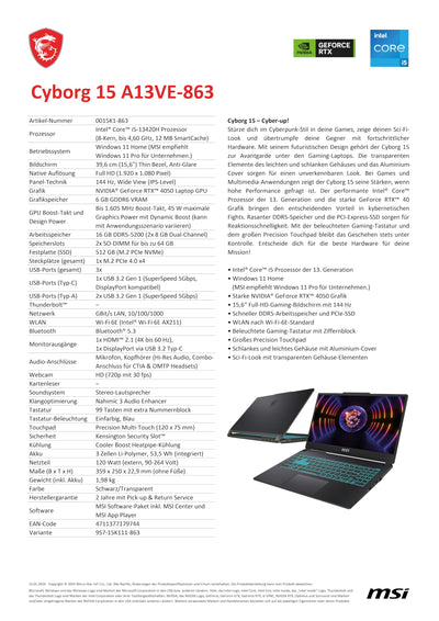 MSI Cyborg 15 Gaming Laptop, 15,6" Full HD 144Hz, Intel Core i5-13420H, NVIDIA GeForce RTX 4050, 16GB DDR5, 512GB SSD, Windows 11 Home, QWERTZ Tastatur, A13VE-863, Schwarz/transparent
