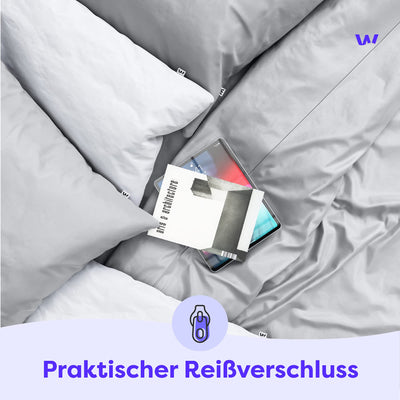 Wolkenfeld Mako Satin Bettwäsche 200x220-100% Baumwolle - Traumhaft weiche Bettwäsche-Sets - 1x Bettbezug 200x220cm + 2X Kissenbezug 80x80 - Hellgrau
