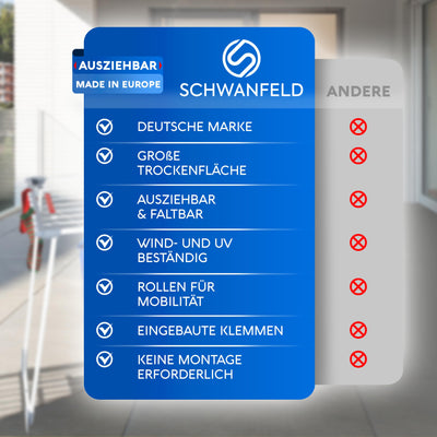 SCHWANFELD® Wäscheständer ausziehbar [20M TROCKENLÄNGE] - Wäscheständer hoch - Premium Wäschetrockner Ständer - Faltbarer Wäscheständer XXL - ausziehbarer Wäscheständer - Standtrockner rutschfest