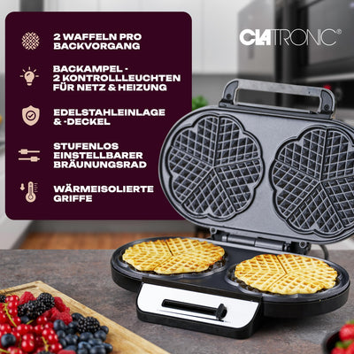 Clatronic Waffeleisen mit 2 antihaftbeschichteten Backflächen | Waffeleisen Herzform stufenlos einstellbarer Bräunungsgrad & Backampel | 2 Waffeln pro Backvorgang in wenigen Minuten | 1200W | WA 3745