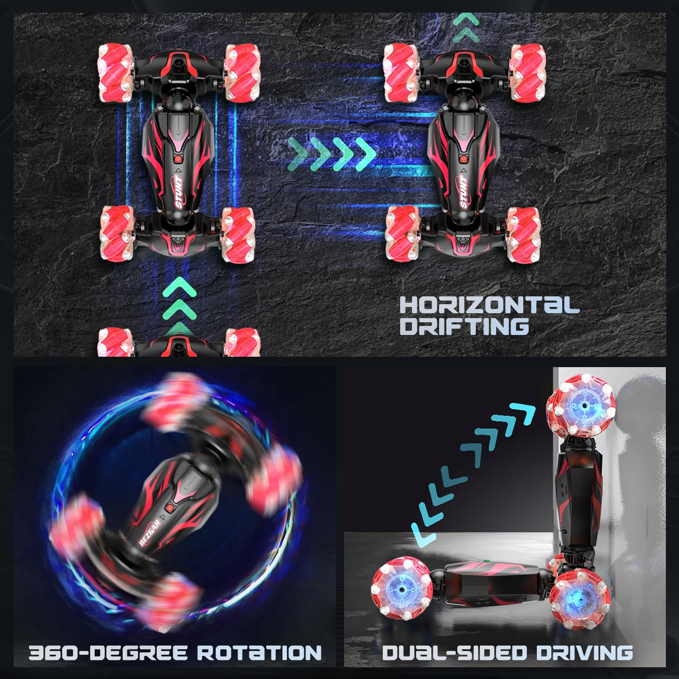 BEZGAR Ferngesteuertes Auto - Autos mit handsteuerung 4WD 2,4 GHz RC Auto für Kinder, Verwandeln Stunt car mit LED Sprühnebel Musik, Geschenk Junge Spielzeug ab 5 6 7 8 Jahre, Rot