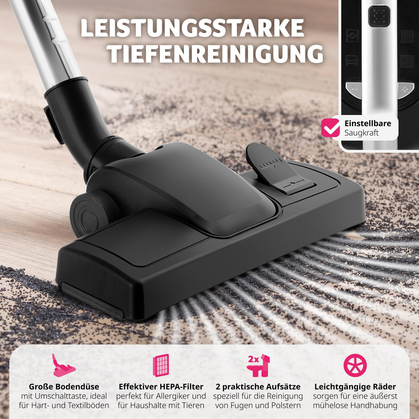 tectake® Staubsauger beutellos, VC900, 900 W, stark, beutelloser Bodenstaubsauger mit Kabel, für Tierhaare, Easy clean ohne Beutel für Teppichboden und Hartboden