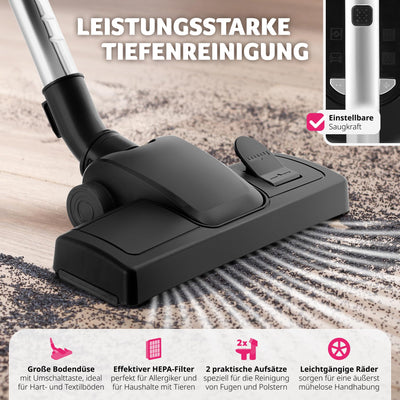 tectake® Staubsauger beutellos, VC900, 900 W, stark, beutelloser Bodenstaubsauger mit Kabel, für Tierhaare, Easy clean ohne Beutel für Teppichboden und Hartboden