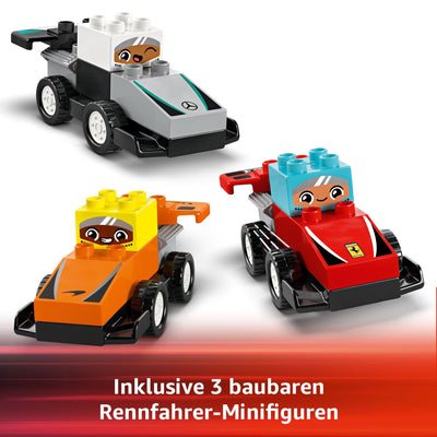 LEGO DUPLO Town F1 Team Rennautos mit Rennfahrern - Montessori Spielzeug für Mädchen & Jungen - Lernspielzeug für Kinder ab 2 Jahren - 10 Spielzeug Autos mit Kran, Startlichtern, Siegerpodest - 10445