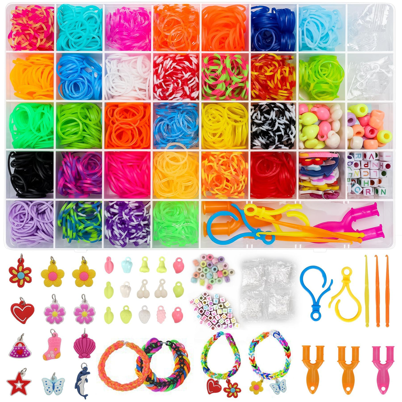 2500+ Loom Bänder Set, 40 Rastern Bunte Gummibänder Kit für Armbänder, DIY Elastisches Loombänder Kinder Armband Basteln mit Perlen Haken Charms Aufbewahrungsbox für Anfänger Junge Mädchen Geschenk