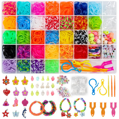 2500+ Loom Bänder Set, 40 Rastern Bunte Gummibänder Kit für Armbänder, DIY Elastisches Loombänder Kinder Armband Basteln mit Perlen Haken Charms Aufbewahrungsbox für Anfänger Junge Mädchen Geschenk