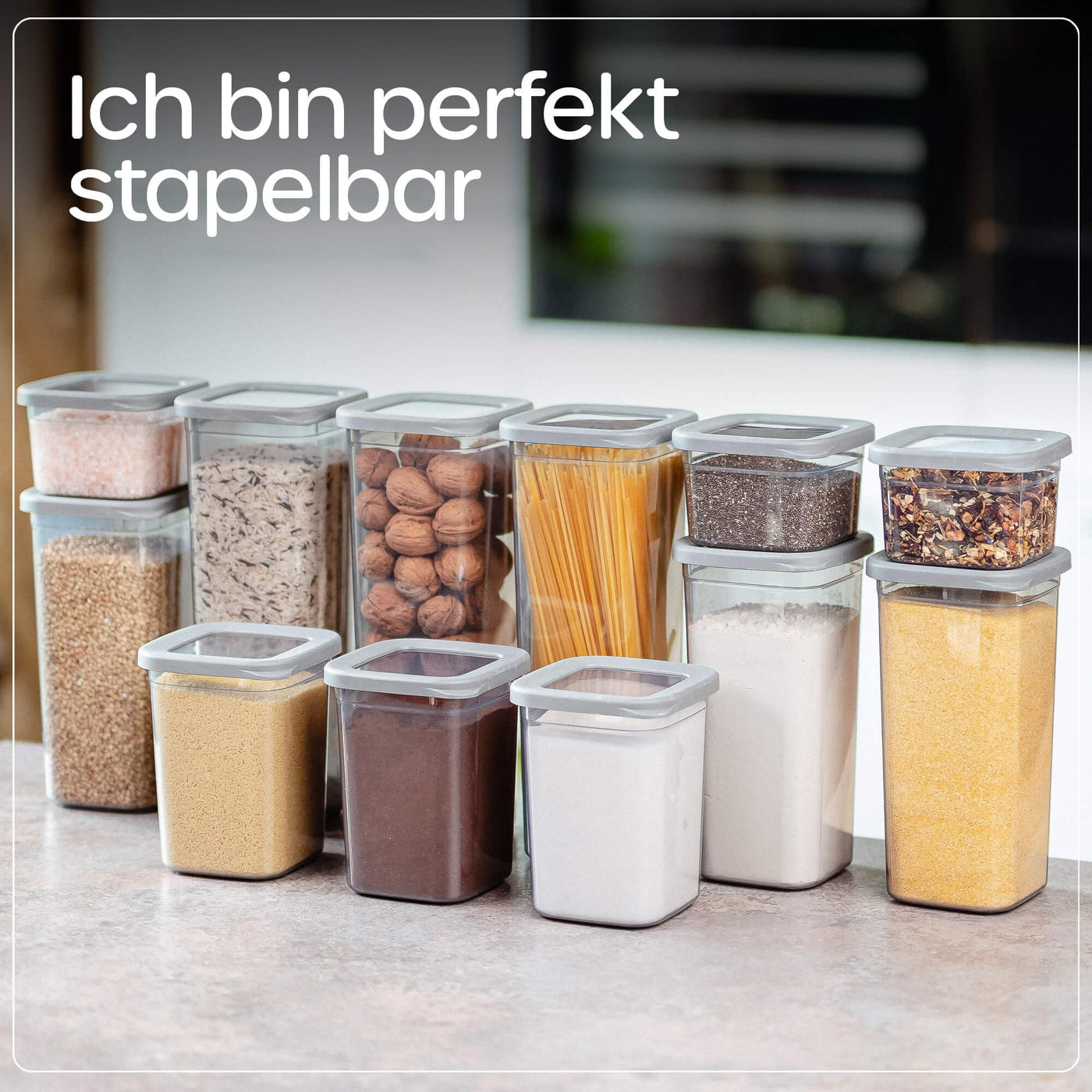 QOONA Luftdichte Vorratsdosen mit Deckel [12er-Set] Anthrazit - Stapelbar & platzsparend für die Küche, Vorratsgläser luftdicht, Mehl Aufbewahrung, Food Container, Vorratsbehälter, Aufbewahrungsbox