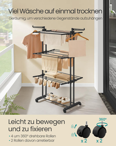 SONGMICS Wäscheständer, Standtrockner 4 Ebenen, Flügelwäscheständer, klappbare Flügel, mit Rollen, 63,5 x 128 x 173 cm, groß, einfacher Aufbau, für Innen- und Außenbereich, tintenschwarz LLR701B01