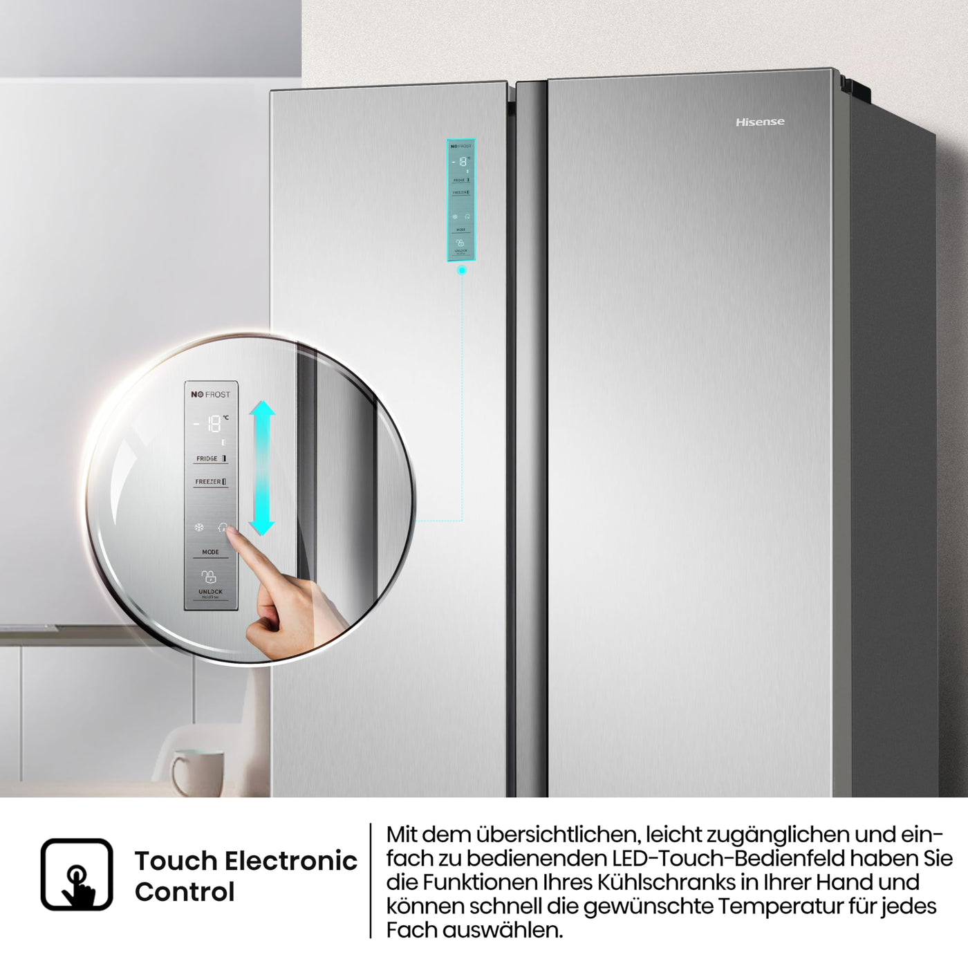 Hisense RS677N4ACC Side by Side Kühl-Gefrierkombination, 179cm, 519 Liter Gesamtkapazität, Multi Air Flow, LED Display, EEK: C, Electronic Touch Control, Inox Look