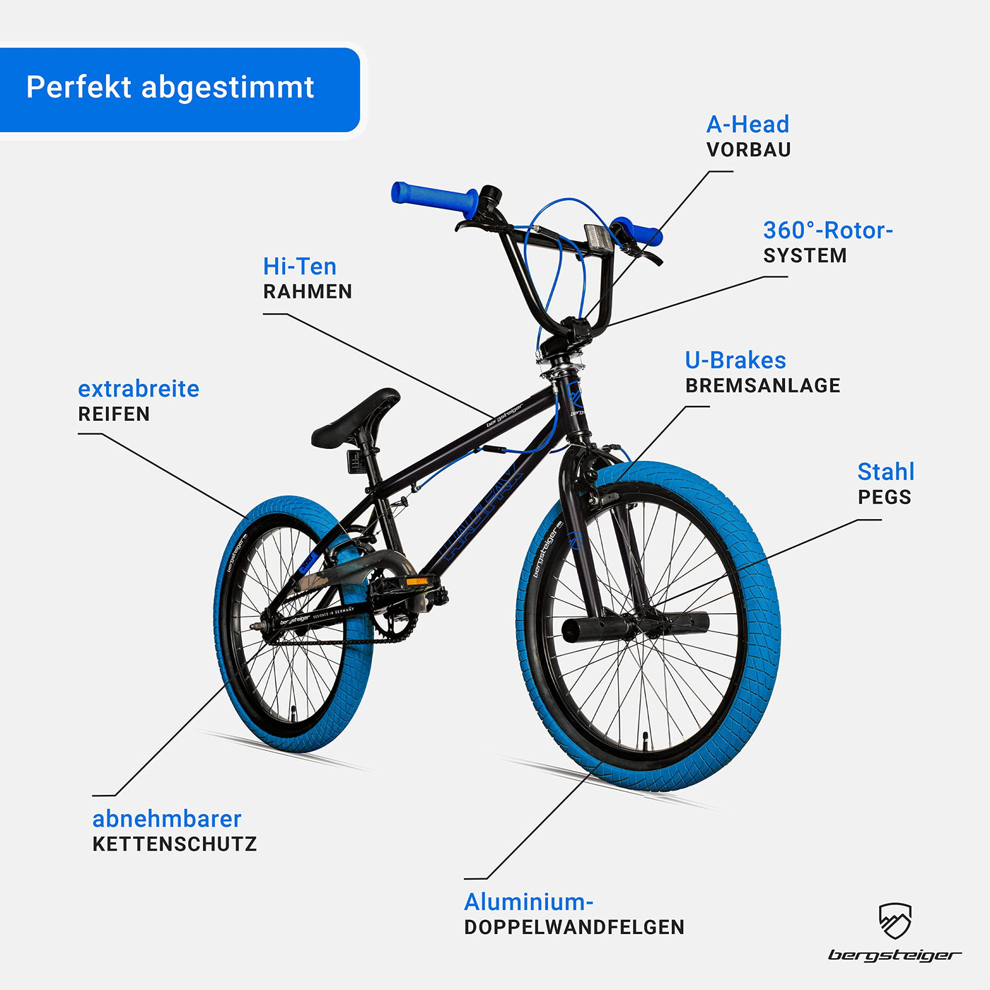Bergsteiger Halifax 20 Zoll BMX, Fatbike, 360° Rotor-System, Freestyle, 2 Stahl Pegs, Kettenschutz, Freilauf
