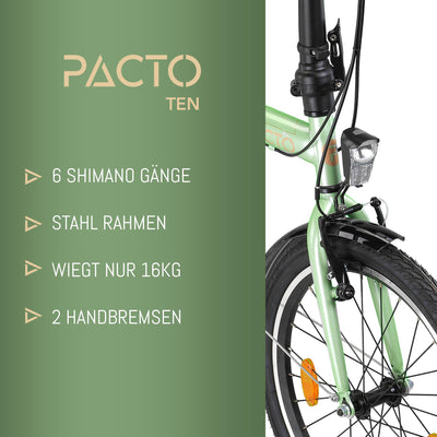 PACTO Ten Klapprad 20 Zoll mit Schnelles Faltsystem (10 Sek), Stahlrahmen, Leichtgewicht (16KG), 6 Gänge, V-Bremsen und doppelwandige Aluminiumfelgen (Mint)