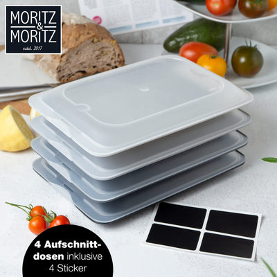 Moritz & Moritz 4er Set Aufschnittbox stapelbar – Frischhaltedosen mit Deckel zur Aufbewahrung von Wurst, Käse, uvm. – inkl. Tafelsticker zum Beschriften