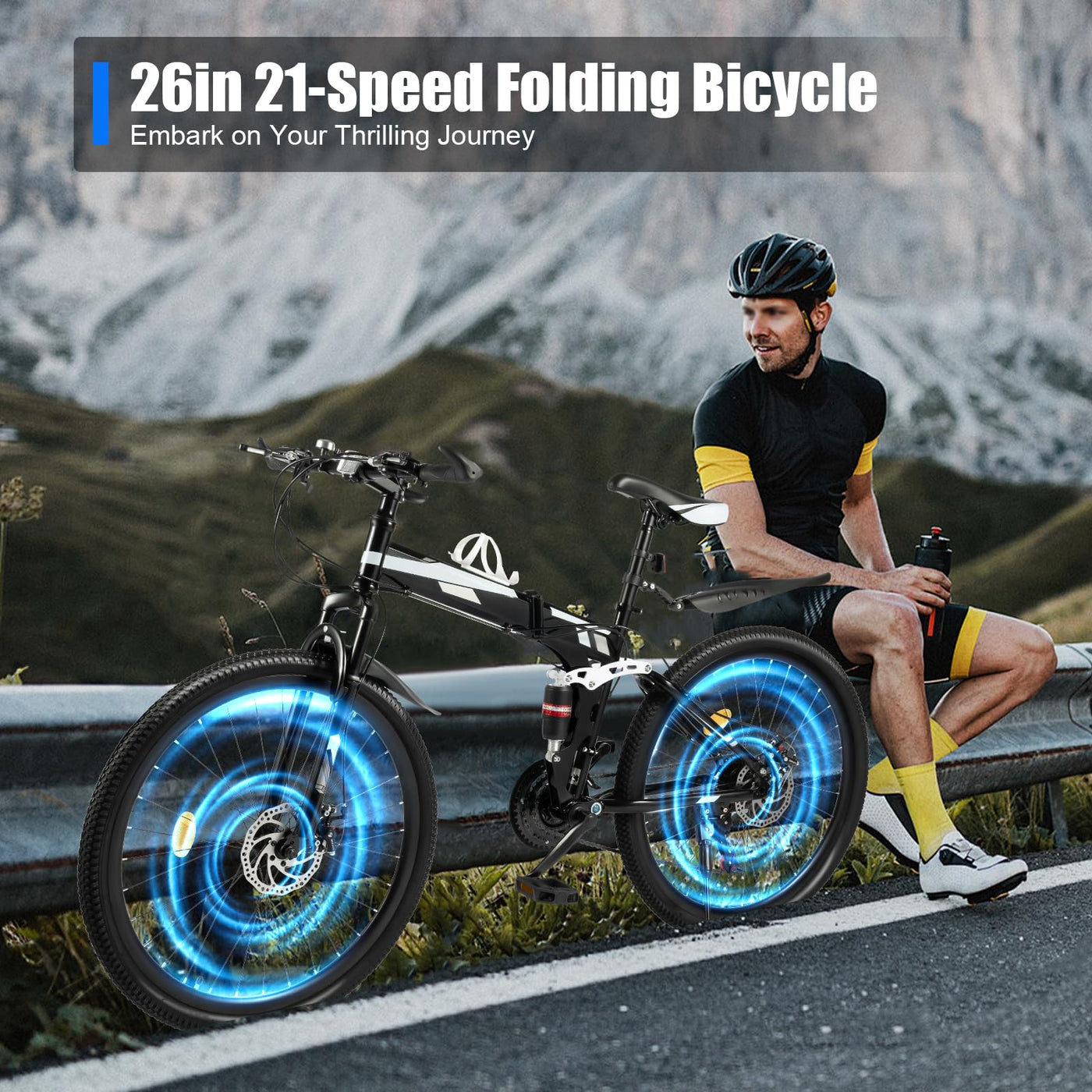 KLOOLIVE Mountainbike Faltrad 21 Gang 26 Zoll Klapprad Erwachsene Fahrrad Verstellbares MTB mit Scheibenbremse Warnlicht Schwarz