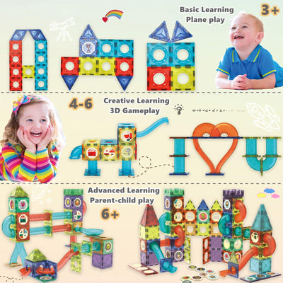 Magnetische Bausteine 144 Teile mit LED-Beleuchtung und Magnetkugelbahn,STEM Montessori-Lernspielzeug für kreatives Bauen,Pädagogisches Kindergeschenk ab 5 Jahren