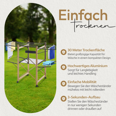 Meisterhome® Wäscheständer Standtrockner 30m Trockenleinenlänge, Flügelwäscheständer, Flügelwäschetrockner platzsparend, Metall, für Kleidung, Handtücher, Wäsche - Schwarz