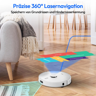 MEDION Saugroboter mit Lasernavigation und Wischfunktion X41 SW (Starke 8000Pa Saugkraft, 2in1 Roboterstaubsauger, präzise Kartenerstellung, Go & No Go Bereiche, mehrere Etagen)