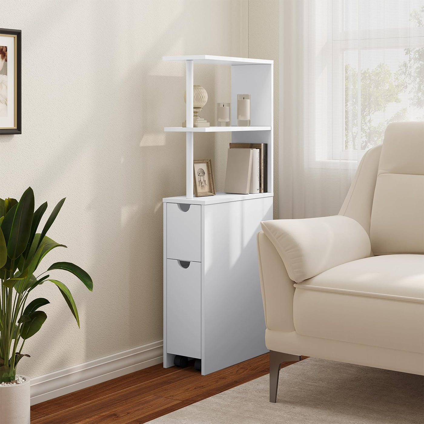 EUGAD Nischenschrank Badezimmer, mit Schublade auf Rollen, offenen Ablagen, Badschrank Badezimmerschrank schmal, Seitenschrank Küchenschrank Mehrzweckschrank, Weiß, 19x113x45 cm (BxHxT)