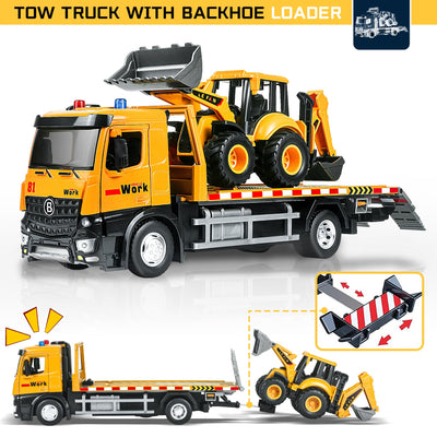 FUYLEY Abschleppwagen Spielzeug, Metallkabine Flachbett Abschleppwagen Spielzeug für Jungen Alter 3-7 mit Baggerlader, Reibung angetrieben Anhänger Baufahrzeuge mit Lichtern Sounds