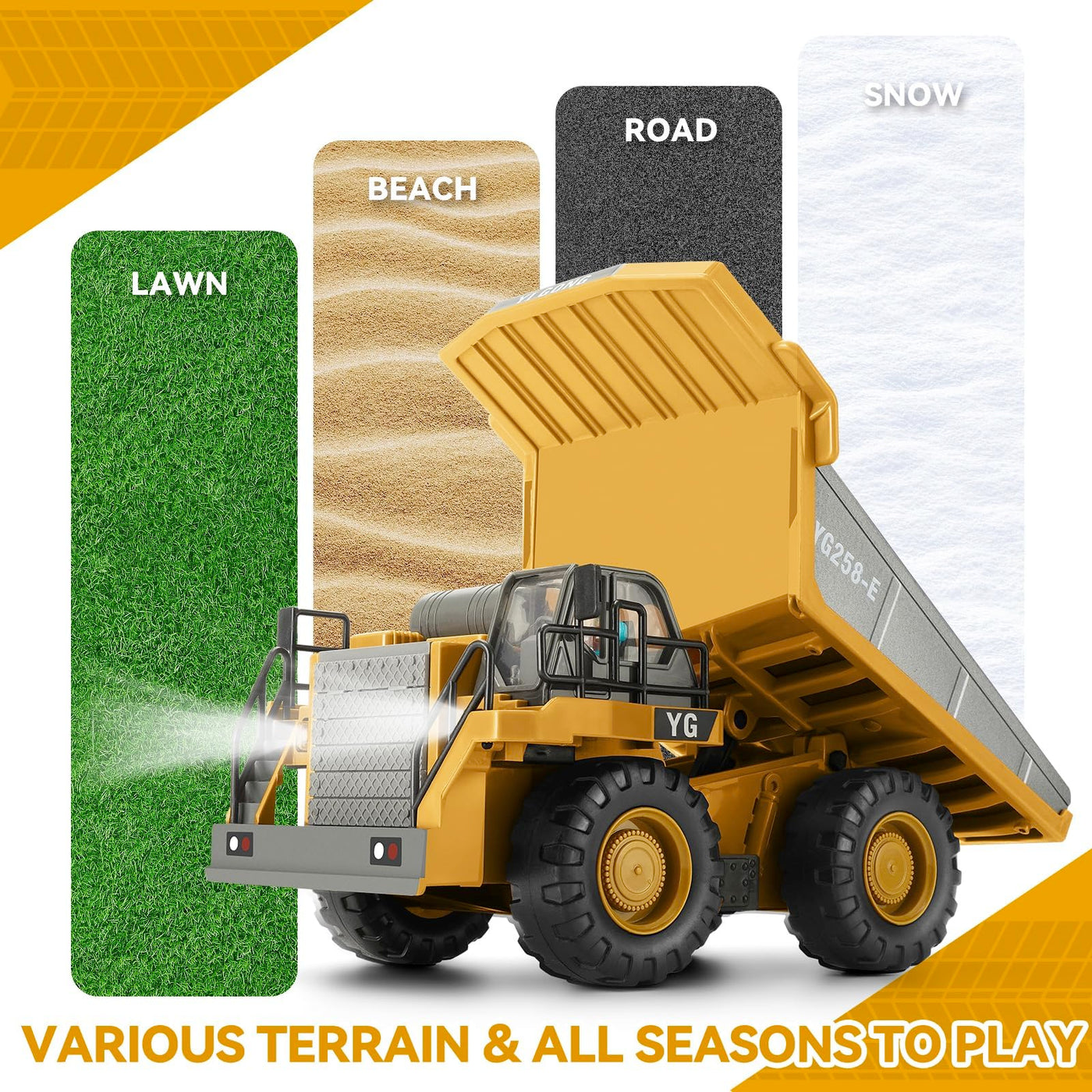 KIZJORYA Ferngesteuerter Muldenkipper, Ferngesteuertes Baufahrzeug für Kinder mit 9-Kanal-Metallbett-Lichtton, Transport-LKW-Spielzeug, Geschenk für Jungen Mädchen von 4–12