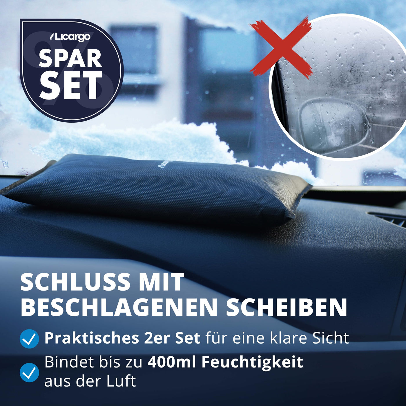 LICARGO 2x Luftentfeuchter (1kg) - Auto Entfeuchter gegen beschlagene Autoscheiben - wiederverwendbarer Innenraum Luftentfeuchter, Feuchtigkeitskissen für Auto