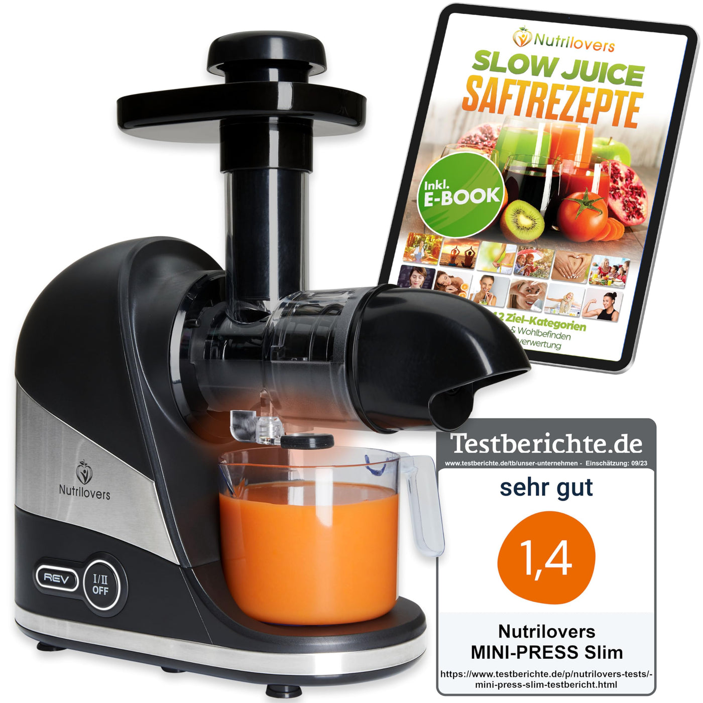 Nutrilovers Slow Juicer Entsafter Obst und Gemüse - Deutsche Marke - Kompaktes Design Edelstahl, 100% BPA-frei, Leichte Reinigung - Inkl. Rezepte-Ebook + Nutri-App
