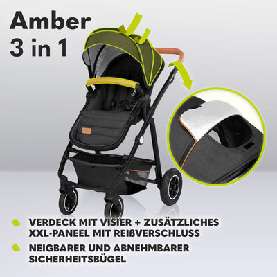 LIONELO Amber Kinderwagen 3 in 1 Kombikinderwagen Set sportlicher Sitz fester Babywanne Autositz Tasche Moskitonetz Regenschutz XXL-Dach mit Sonnenschutz (GRAU GRAFIT)