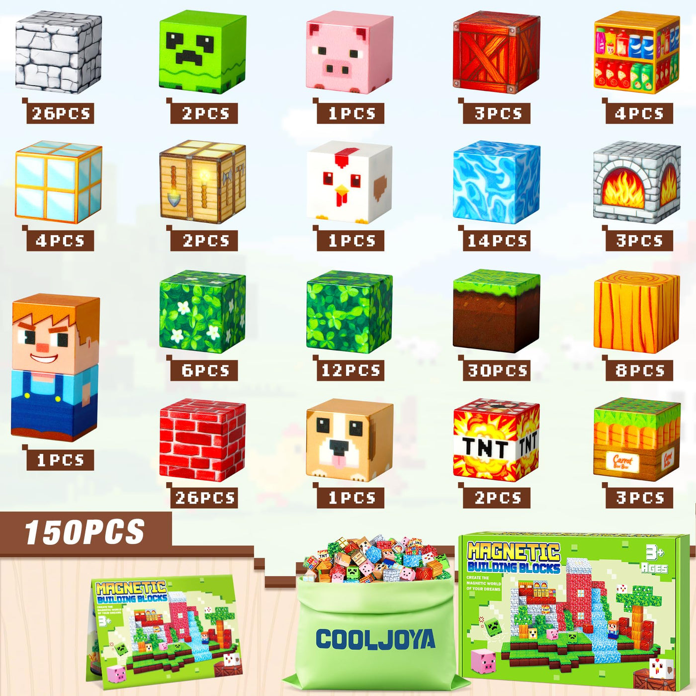 COOLJOYA Magnetische Bausteine, 150 Teile Magnetbausteine Magnetspielzeug, Magnetisches Bausteine Blöcke für Kinder ab 3 4 5 6 7 8 9, Magnetspiel Kinderspielzeug für Jungen und Mädchen