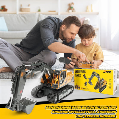 Charmofun 3-in-1 Ferngesteuerter Bagger, 2,4GHz RC Bagger Spielzeug mit DREI Metallköpfen, 680° Drehbarer Radlader mit Lichtern & Musik, Geschenk Ab 3-12 Jahre