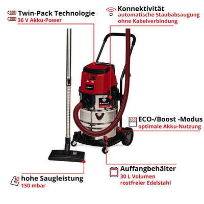 Einhell Professional Akku-Nass-Trockensauger TP-VC 36/30 S Auto-Solo Power X-Change (Li-Ion, 36 V, Auto-Start Konnektivitätsfunktion, ECO-/BOOST-Funktion, ohne Akku & Ladegerät)