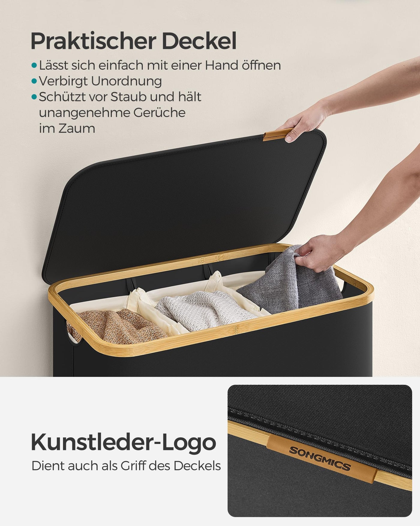 SONGMICS Pfandflaschen Sammelbehälter，Wäschekorb mit Deckel, Wäschesammler mit 3 Fächern, 150 L, herausnehmbarer Wäschesack, Griffe aus Bambus, 60 x 38,5 x 70,5 cm, tintenschwarz LCB515B01