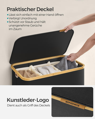 SONGMICS Pfandflaschen Sammelbehälter，Wäschekorb mit Deckel, Wäschesammler mit 3 Fächern, 150 L, herausnehmbarer Wäschesack, Griffe aus Bambus, 60 x 38,5 x 70,5 cm, tintenschwarz LCB515B01