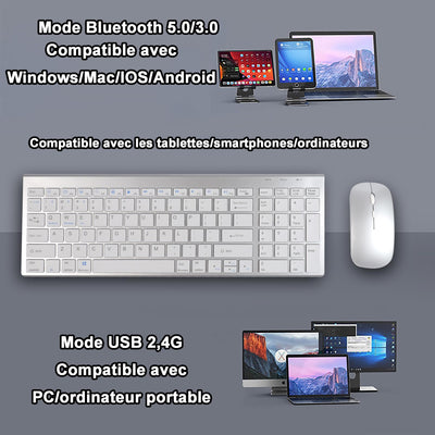 KautFair Kabellose Maus-Tastatur, 2,4 G, Bluetooth, QWERTY-Layout, wiederaufladbar, dünn, leise, kompakt, volle Größe, Tastatur und Maus mit Nummernblock & 3DPI, verstellbar, für Mac, PCs, Laptop