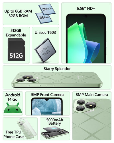 Ulefone Note 19 Handy Ohne Vertrag, 6GB + 32GB /512GB TF Handy Günstig, 6.56 Zoll HD+ Display Android 14 Smartphone, 5000mAh Batterie 8MP Kamera Simlockfreie Handys, 4G Dual SIM/Face ID/GPS-Schwarz