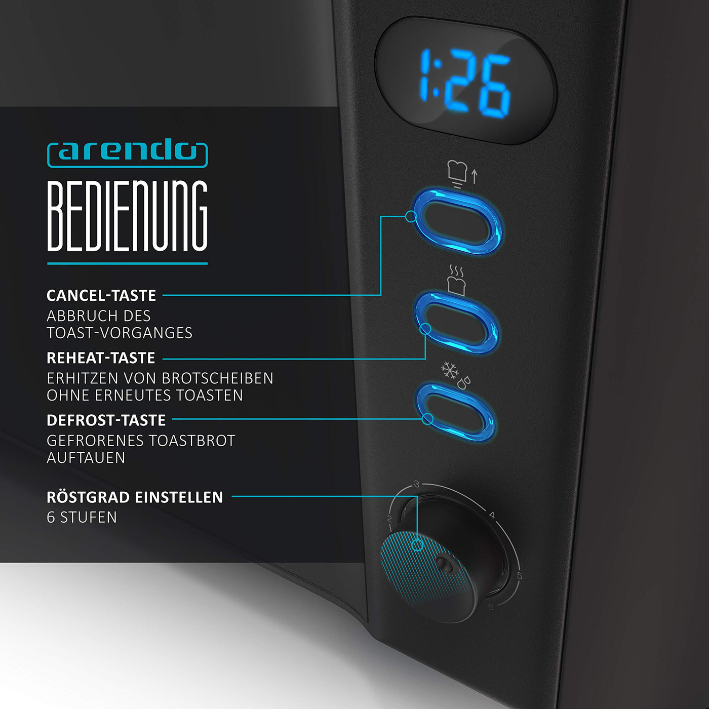 Arendo - Toaster Langschlitz 2 Scheiben - Defrost Funktion - 1000 W - Doppelwandgehäuse - Integrierter Brötchenaufsatz - Bräunungsgrade 1-6 – Display mit Restzeitanzeige - Edelstahl schwarz matt