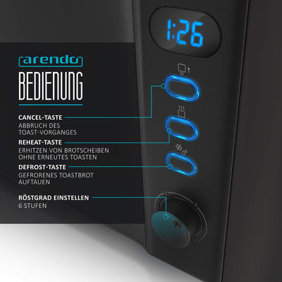 Arendo - Toaster Langschlitz 2 Scheiben - Defrost Funktion - 1000 W - Doppelwandgehäuse - Integrierter Brötchenaufsatz - Bräunungsgrade 1-6 – Display mit Restzeitanzeige - Edelstahl schwarz matt