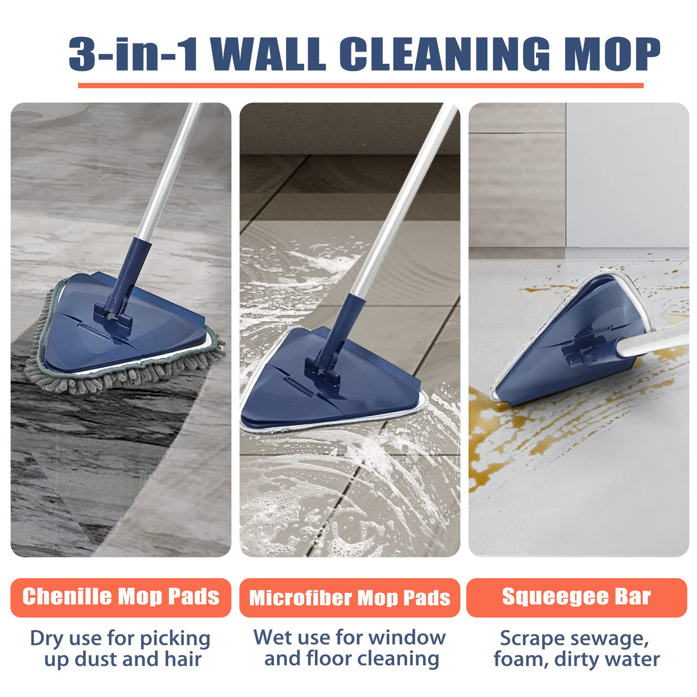 JEHONN Bodenwischer Wischmopp mit Langem Griff 200CM, 3-In-1 Wand Mop mit 6 Ersatz Mikrofaser Chenille Pads für Decke, Gemalte Wände, Fenster, Boden, Baseboard (Blau)