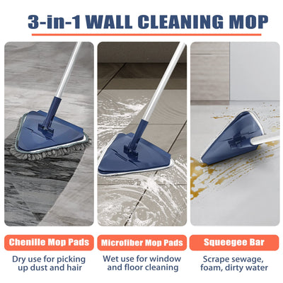JEHONN Bodenwischer Wischmopp mit Langem Griff 200CM, 3-In-1 Wand Mop mit 6 Ersatz Mikrofaser Chenille Pads für Decke, Gemalte Wände, Fenster, Boden, Baseboard (Blau)