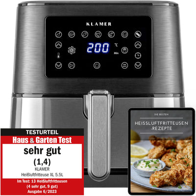 KLAMER Heißluftfritteuse 5,5l XXL, ölfreie Friteuse, 1700W Airfryer mit LED-Touchscreen, digitalem deutschen Rezeptbuch, multifunktionale Mini-Heissluftfrittuese ohne Öl