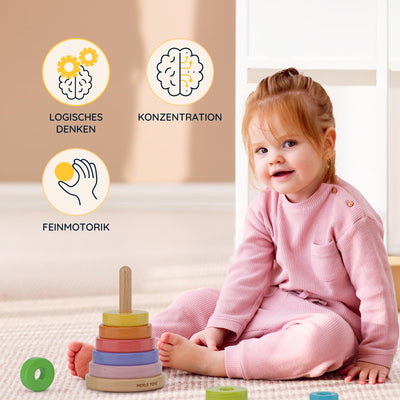 Merle Toys® Stapelturm Holz, 100% FSC-zertifiziertes Holzspielzeug Baby, Stapelturm ab 1 Jahr, Montessori Spielzeug, Stapelspiel ab 1 Jahr, BPA-Freies Baby Spielzeug aus Holz, 8X Bunte Stapelringe