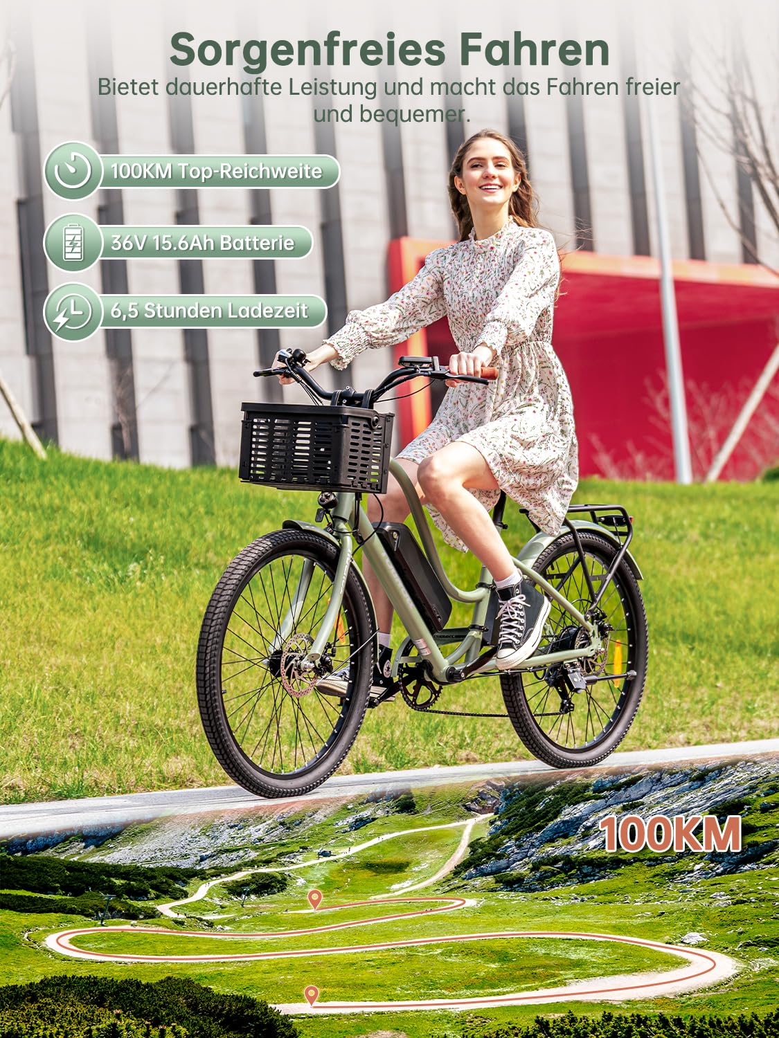 Touroll B2 26 Zoll City E-Bike mit 250W 50N.M Motor und 36V 561.6Wh Abnehmbarem Akku Pedelec Cityräder Elektrofahrrad, 25KM/H, Reichweite 100km, Ebikes für Erwachsene Herren und Damen Stadtpendler