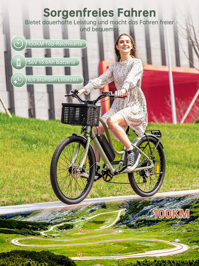 Touroll B2 26 Zoll City E-Bike mit 250W 50N.M Motor und 36V 561.6Wh Abnehmbarem Akku Pedelec Cityräder Elektrofahrrad, 25KM/H, Reichweite 100km, Ebikes für Erwachsene Herren und Damen Stadtpendler