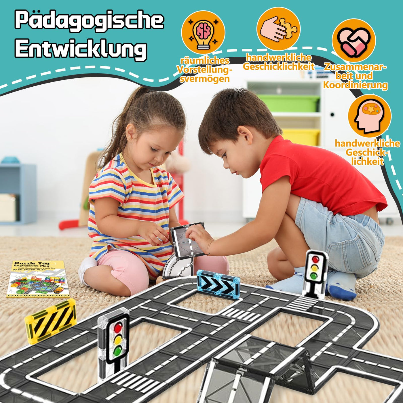 BuzzoXerex Magnetische Bausteine Straßenset, 50PCS Magnetische Fliesen Stadtstraßen, Magnetbausteine Straßenaufsatz-Set Lernaktivitäten Geschenk ab 3 4 5 Jahre